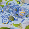 Colorful Children's Play Area With Curved Slides Circular Tracks And Green Lawns