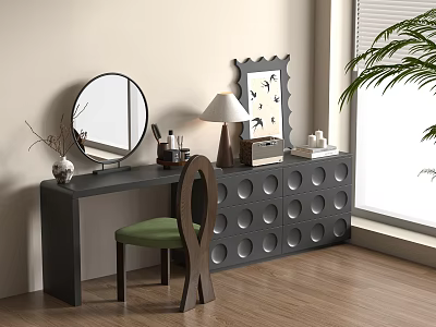 Black Dressing Table With Round Mirror Table Lamp Green Chair And Decorative Art Near Window 3d model
