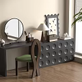 Black Dressing Table With Round Mirror Table Lamp Green Chair And Decorative Art Near Window