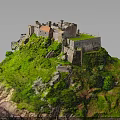 Ancient Castle on Green Hill With Red Roof Stone Walls and Lush Vegetation