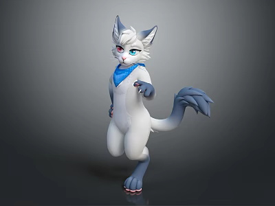 Game Movie Character Anthropomorphic White Cat Standing Pointing Gesture Blue Ears Tail Scarf 3d model