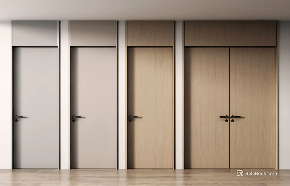Interior Hinged Doors In Light Gray And Light Wood With White Frames On Wooden Floor 3d model 