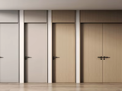 Interior Hinged Doors In Light Gray And Light Wood With White Frames On Wooden Floor 3d model