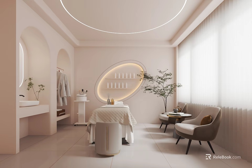 Pastel Pink Beauty Salon Interior With Circular Ceiling Light Oval Shelf Treatment Bed And Armchair 3d model 