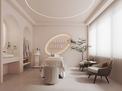Pastel Pink Beauty Salon Interior With Circular Ceiling Light Oval Shelf Treatment Bed And Armchair 3d model
