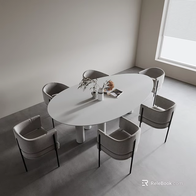 Minimalist Dining Interior With Oval White Table Six Grey Chairs And Decorative Vase 3d model 