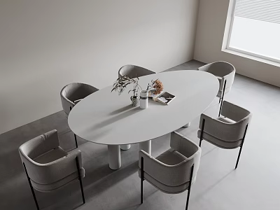 Minimalist Dining Interior With Oval White Table Six Grey Chairs And Decorative Vase 3d model