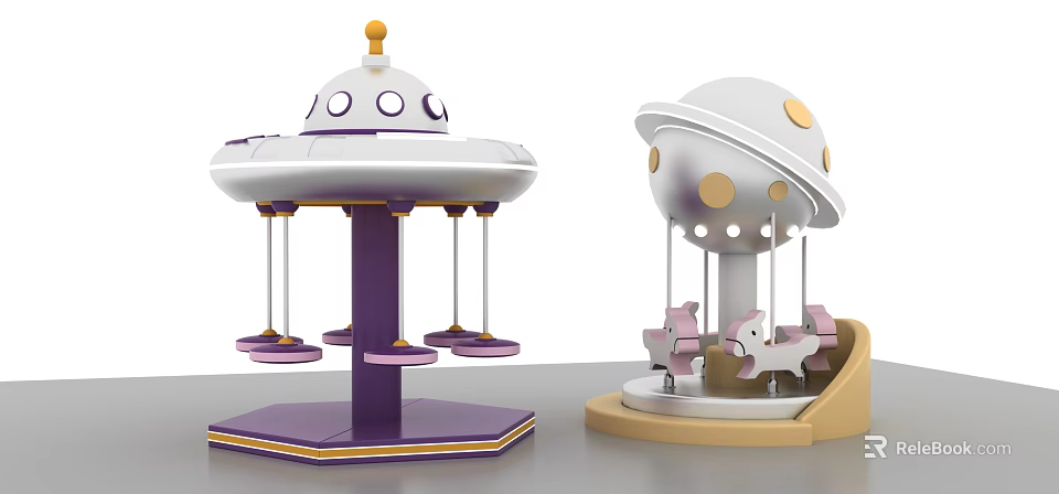 Kids Playground With UFO Shaped Swing Ride And Carousel Purple White Design 3d model 