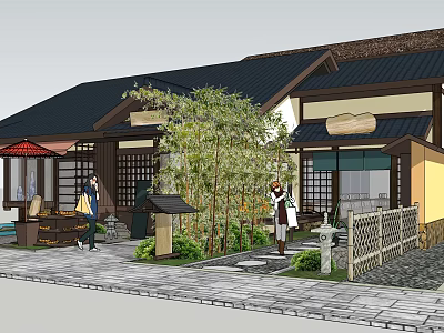 Traditional Japanese Style Commercial Complex With Bamboo Greenery And Wooden Structures 3d model