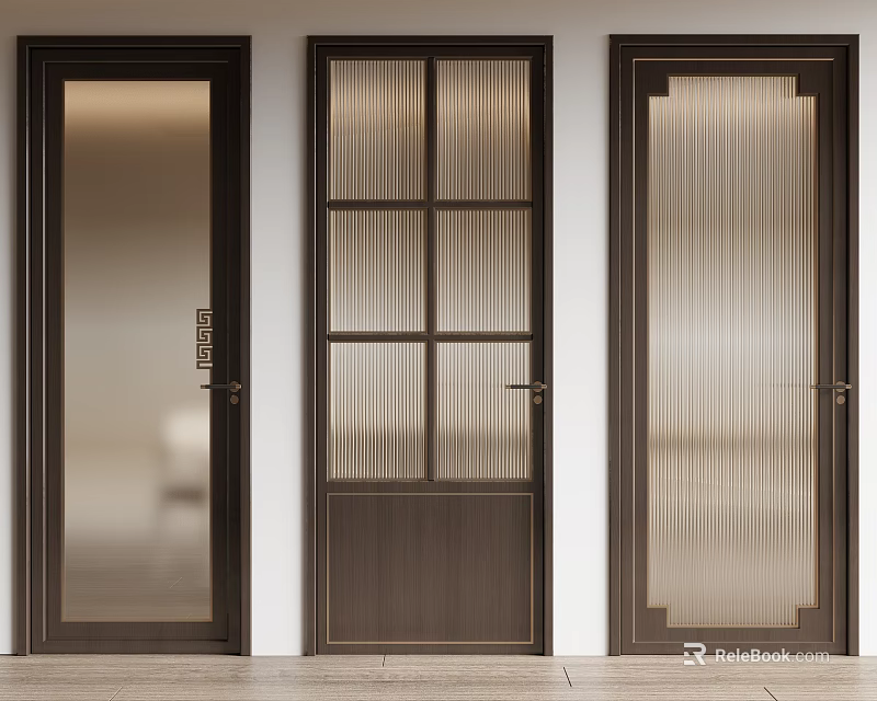Modern Elegant Hinged Doors With Glass Panels And Vertical Stripes Dark Frame Interior Design 3d model 
