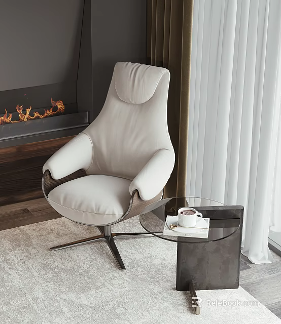 Modern Upholstered Leisure Chair in Cozy Living Room with Fireplace and Glass Side Table 3d model 