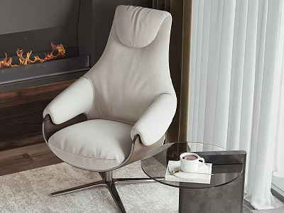 Modern Upholstered Leisure Chair in Cozy Living Room with Fireplace and Glass Side Table 3d model