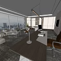 Modern Office Interior With Large Windows City View Sofa Area Desk And Bookshelves