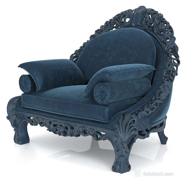 Elegant Dark Blue Velvet Single Sofa With Ornate Carved Details And Legs 3d model 