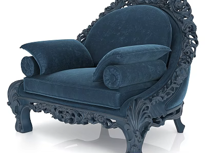 Elegant Dark Blue Velvet Single Sofa With Ornate Carved Details And Legs 3d model