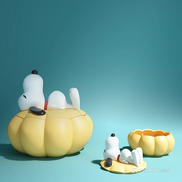 Cute Snoopy Doll Resting In Yellow Pumpkin Shaped Container With Small Decorative Figure 3d model 