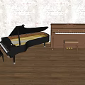 Vintage Musical Instruments Grand And Upright Pianos With Stools On Wooden Floor Brick Wall Background
