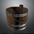 Rustic Wooden Bucket With Metal Hoops And Rope Handle Design