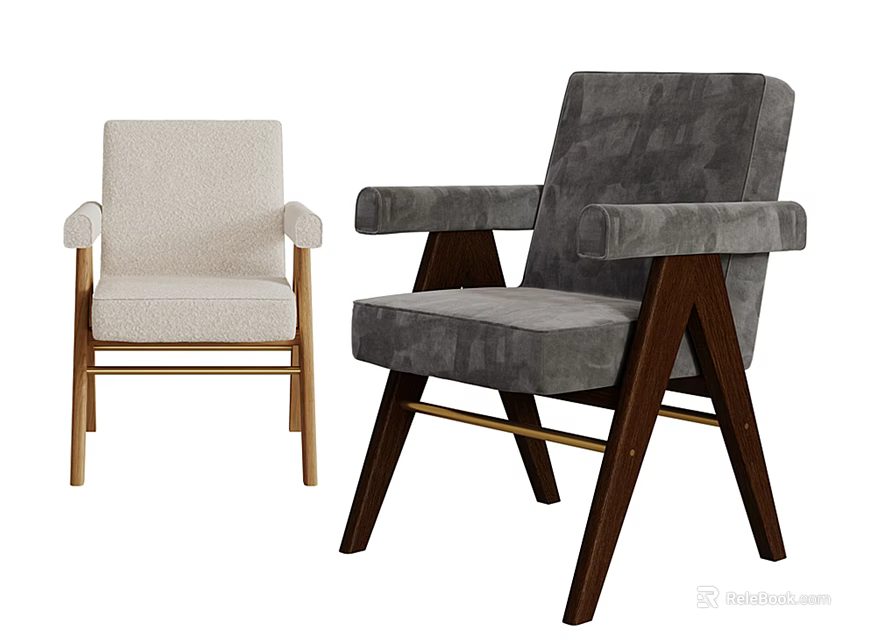Modern Fabric Accent Chairs With Light And Dark Gray Colors And Wooden Legs 3d model 