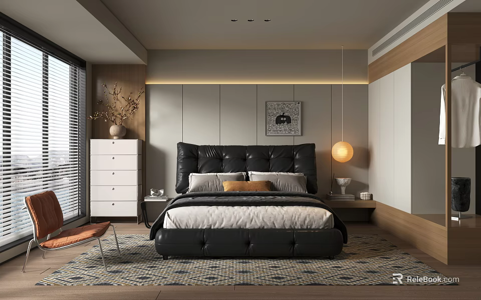 Modern Bedroom Interior With Black Leather Headboard White Dresser And Orange Chair 3d model 