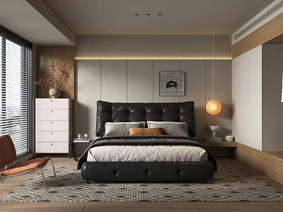 Modern Bedroom Interior With Black Leather Headboard White Dresser And Orange Chair 3d model