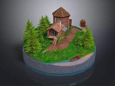 Rustic Wooden House With Tile Roof Surrounded By Pine Trees And Grass Pathway 3d model