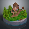Rustic Wooden House With Tile Roof Surrounded By Pine Trees And Grass Pathway