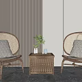Woven Rattan Chair And Table Set With Green Plant Vase Vertical Striped Wall Marble Floor
