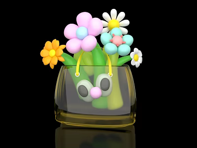 Adorable Inflatable Vase Design With Colorful Flowers And Eye Decorations 3d model
