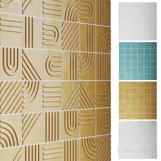 Modern Floor Tiles Featuring Geometric Patterns In Beige Blue And Yellow Colors 3d model