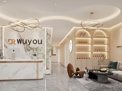 Modern Elegant Beauty Salon Interior With Marble Reception Desk Chandeliers Product Display Shelves And Green Plants 3d model