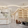 Modern Elegant Beauty Salon Interior With Marble Reception Desk Chandeliers Product Display Shelves And Green Plants