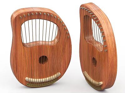 Handmade Wooden Lyre Musical Instrument With Strings And Curved Body Design 3d model