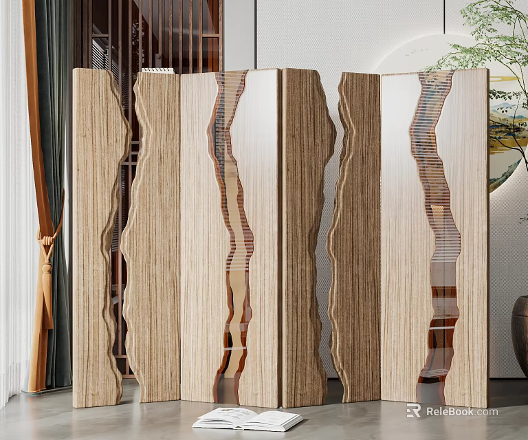 Modern Wooden Room Divider With Wavy Design And Hollowed Patterns For Interior 3d model