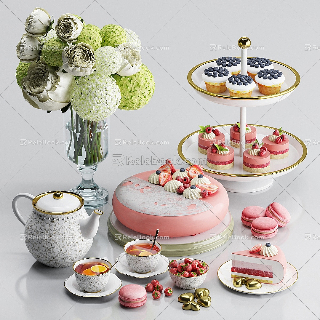 Dessert Cake Combo Vase Cake Dessert Coffee Table Teapot Fruit Chocolate Blueberry Strawberry Flower 3d model