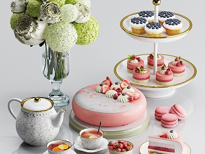 Dessert Cake Combo Vase Cake Dessert Coffee Table Teapot Fruit Chocolate Blueberry Strawberry Flower 3d model