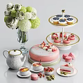 Delicious Desserts With Tea Set And Flowers