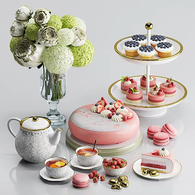 Delicious Desserts With Tea Set And Flowers 3d model