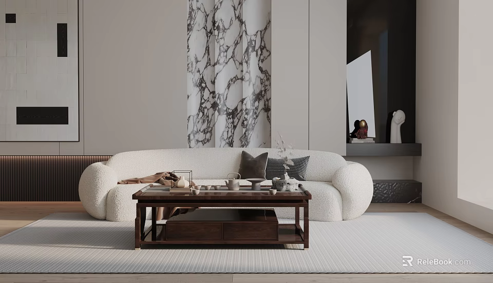 Elegant Modern Three Seater Sofa With Beige Plush Upholstery Wooden Coffee Table And Marble Curtain Decorative Items 3d model 