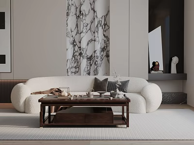 Elegant Modern Three Seater Sofa With Beige Plush Upholstery Wooden Coffee Table And Marble Curtain Decorative Items 3d model