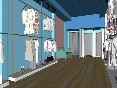 Clothing Store Interior With Racks Of Clothes Sofa And Wooden Floor Design 3d model