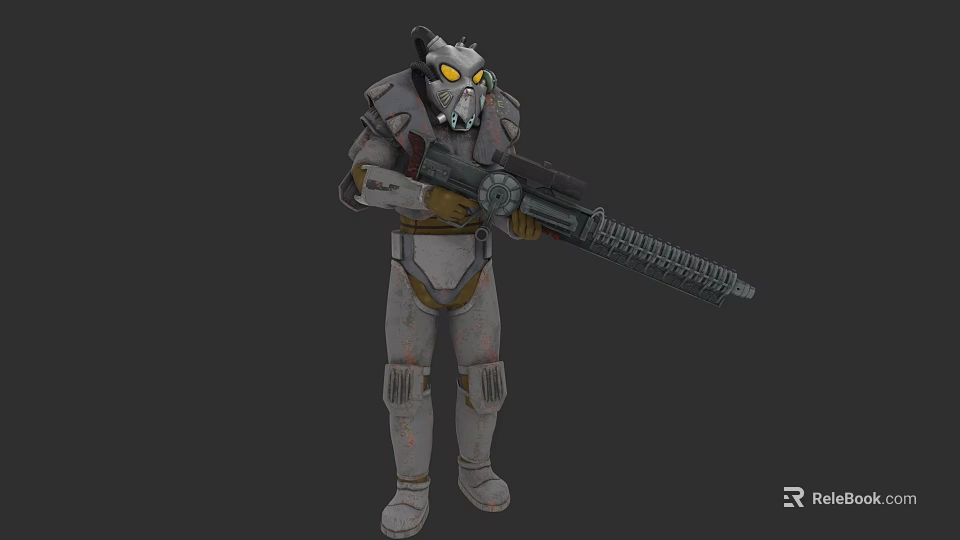 Futuristic Game Movie Character in Gray Armor with Yellow Eyes Holding Large Gun 3d model 
