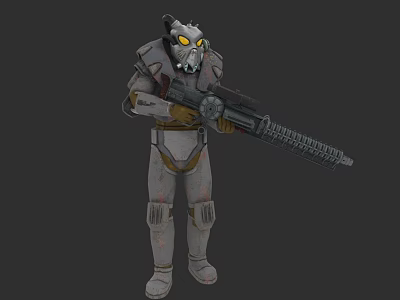 Futuristic Game Movie Character in Gray Armor with Yellow Eyes Holding Large Gun 3d model