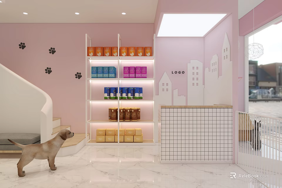 Pet Store in Mall with Pink Walls Paw Print Decor and Colorful Pet Supply Shelves 3d model 