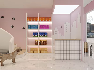 Pet Store in Mall with Pink Walls Paw Print Decor and Colorful Pet Supply Shelves 3d model