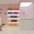Pet Store in Mall with Pink Walls Paw Print Decor and Colorful Pet Supply Shelves