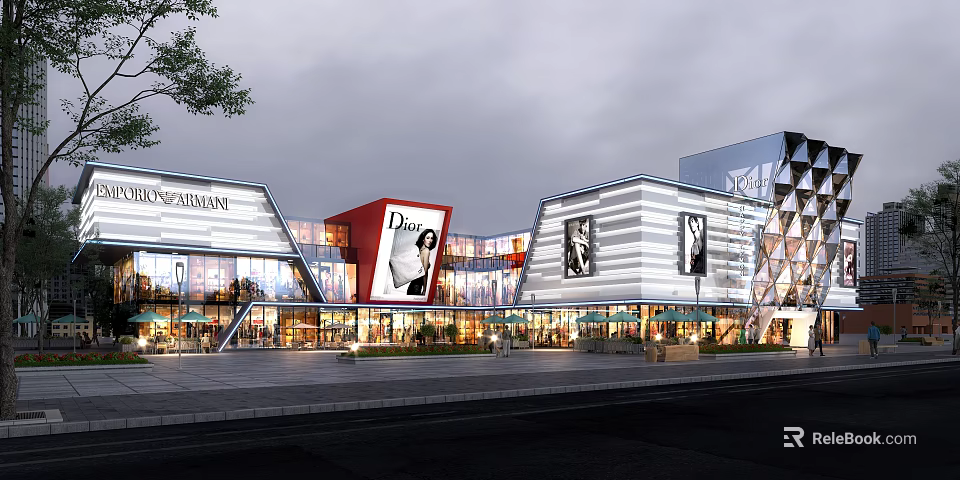 Modern Commercial Street With Glass Facades Brand Stores And Illuminated Outdoor Seating Areas 3d model 