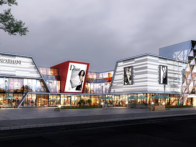 Modern Commercial Street With Glass Facades Brand Stores And Illuminated Outdoor Seating Areas 3d model