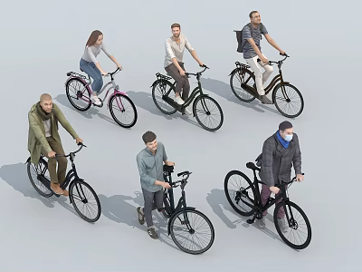Group of People Riding Bicycles in Casual Outfits with Different Bike Styles 3d model