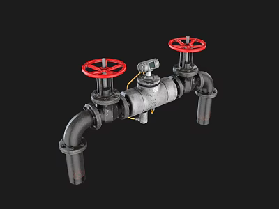 Industrial Pipe Valve Assembly With Red Handwheels And Metal Components 3d model